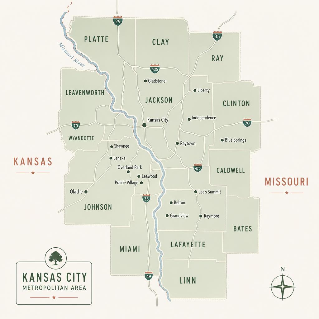 Illustrated map of the Kansas City metropolitan area showing the Kansas-Missouri state line, Missouri River, major highways and suburbs served by Orderwelly