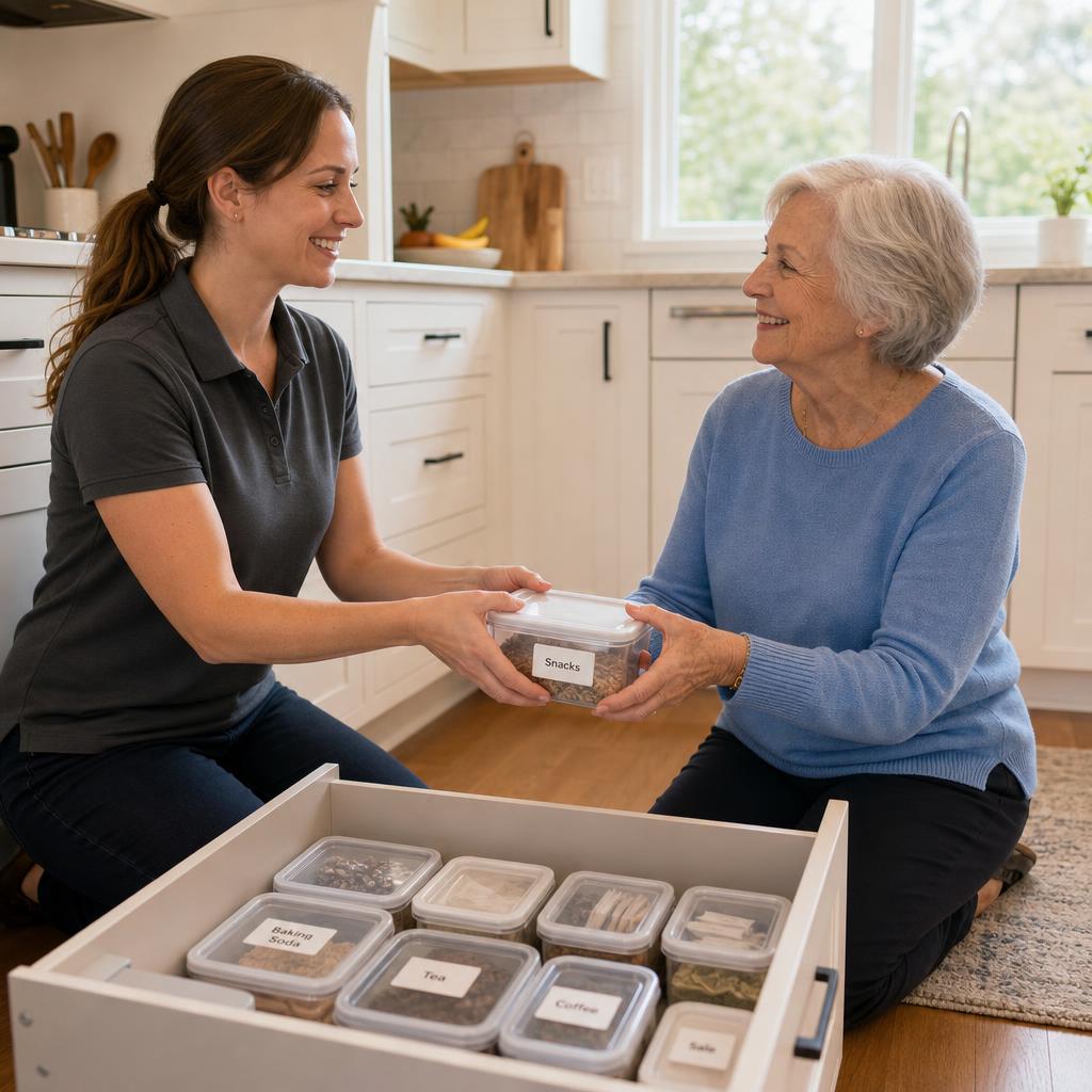 Orderwelly professional helping a senior client organize a kitchen pantry drawer in her Kansas City home